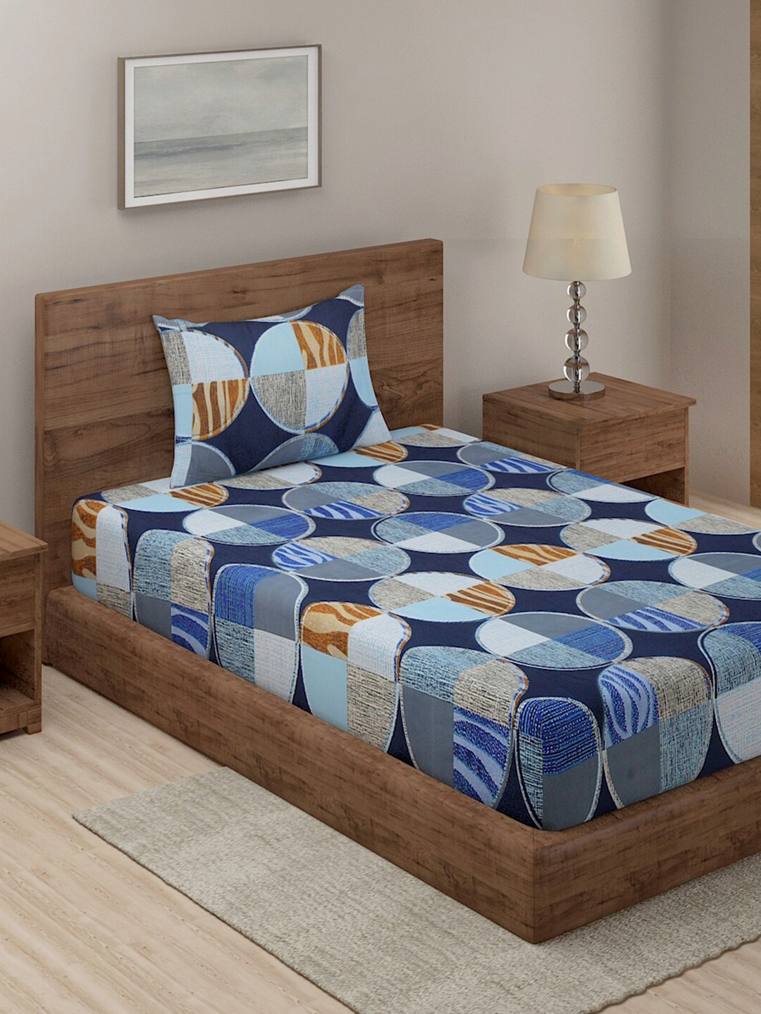 

TAG 7 Blue & Black Floral 210 TC Single Bedsheet with 1 Pillow Covers