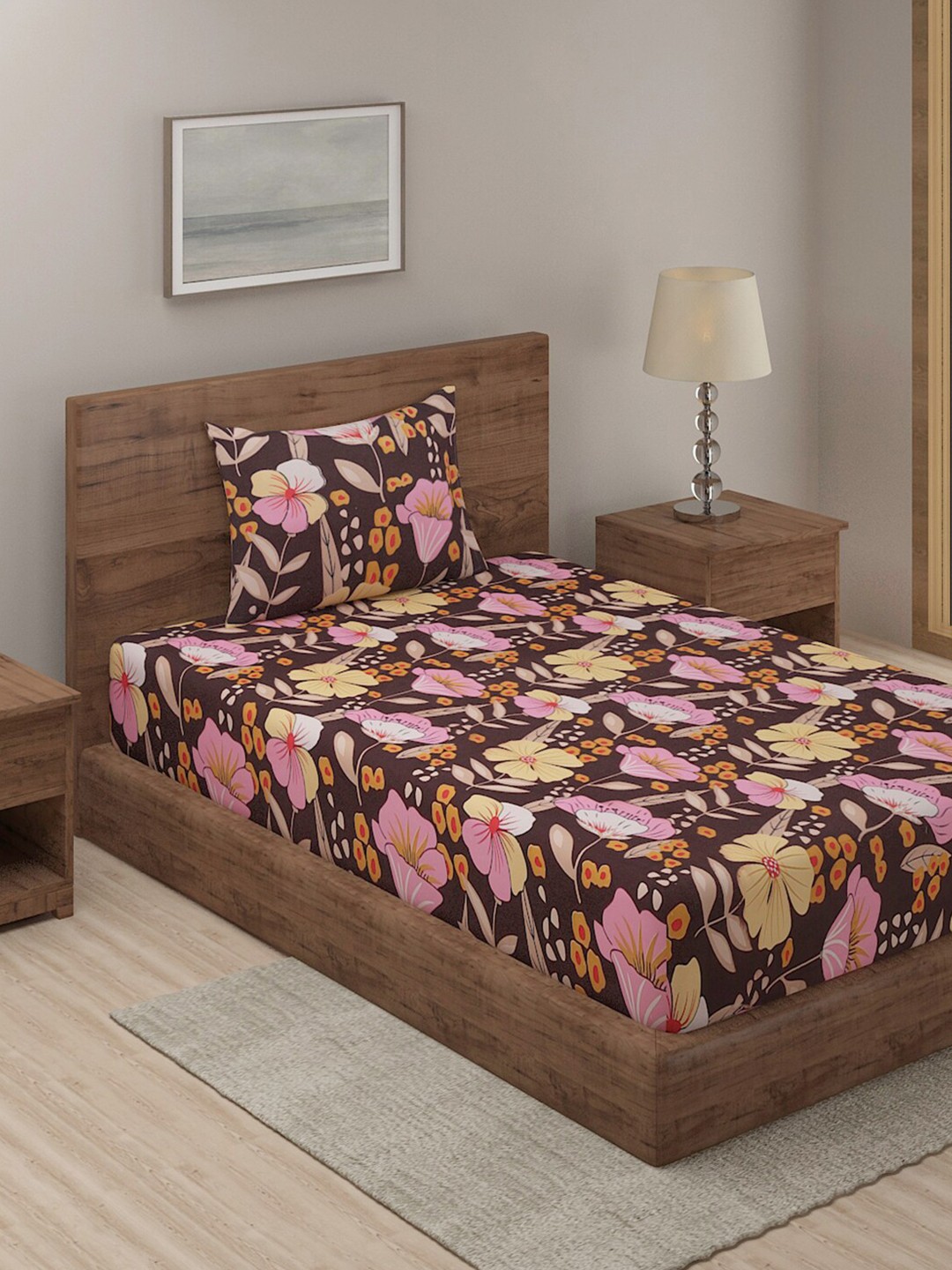 

TAG 7 Brown & Pink Floral Printed 210 TC Single Bedsheet with 1 Pillow Cover