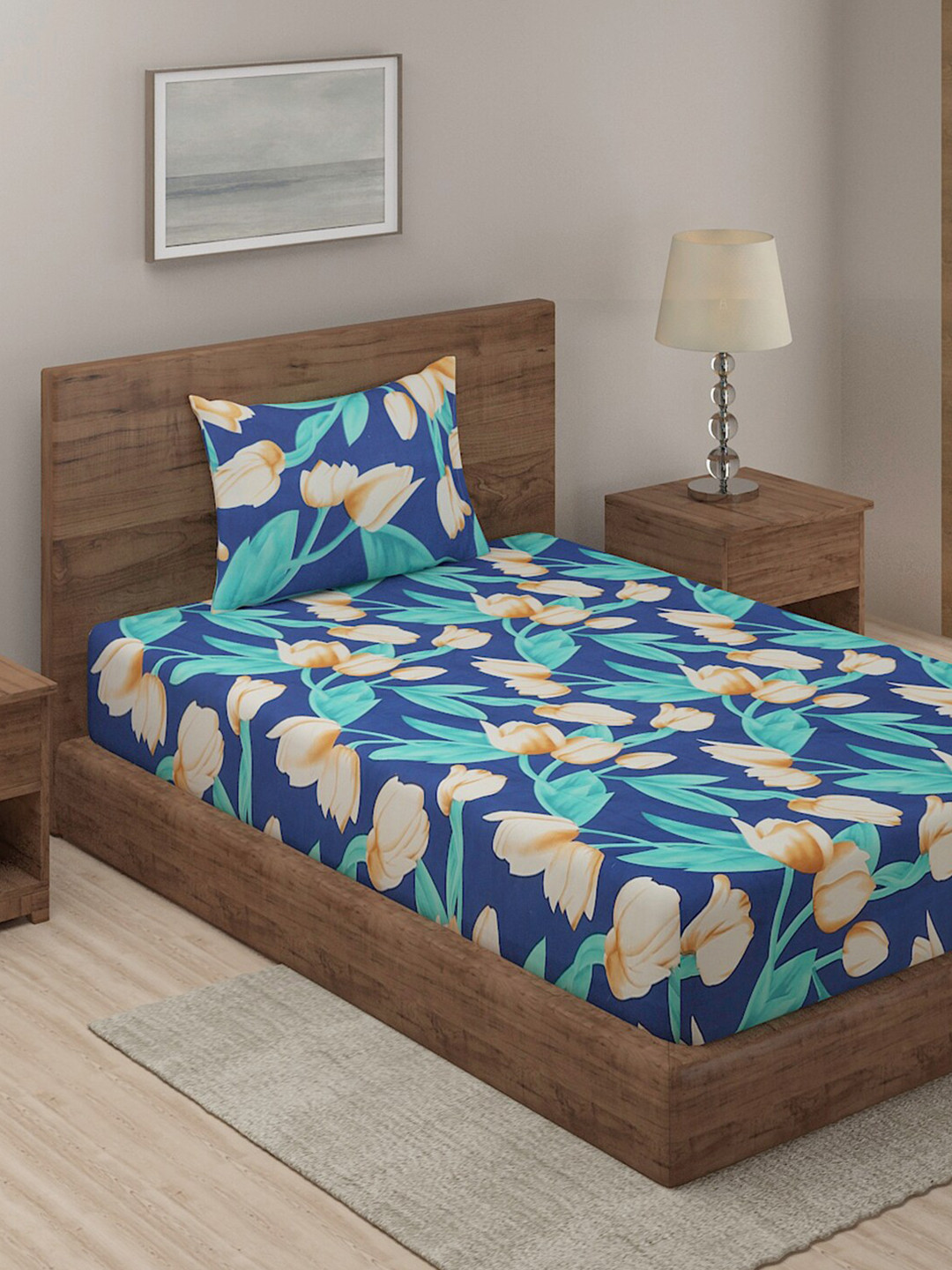 

TAG 7 Blue & Brown Floral 210 TC Single Bedsheet with 1 Pillow Covers