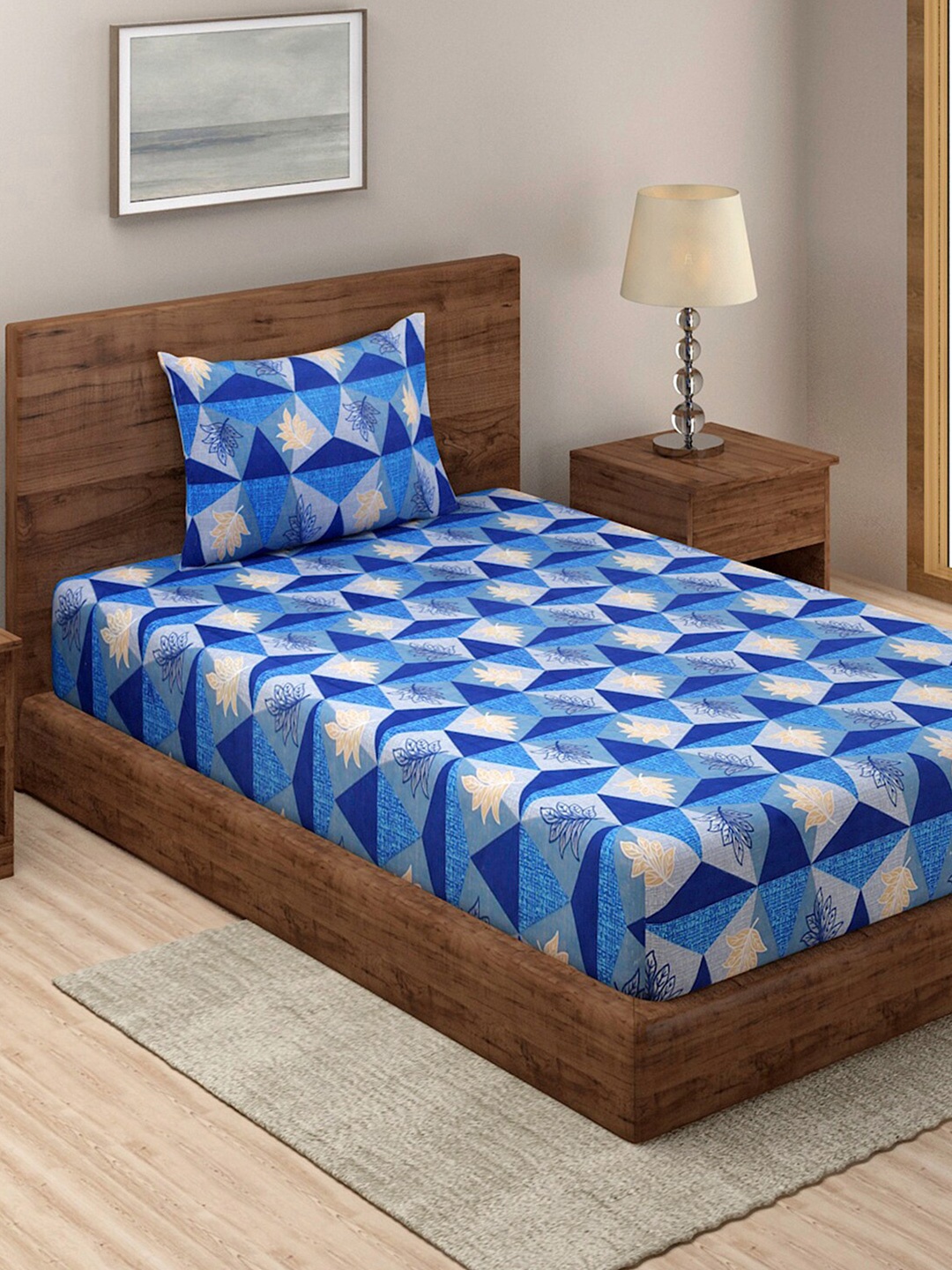 

TAG 7 Blue & Beige Geometric 210 TC Cotton Single Bedsheet with 1 Pillow Cover