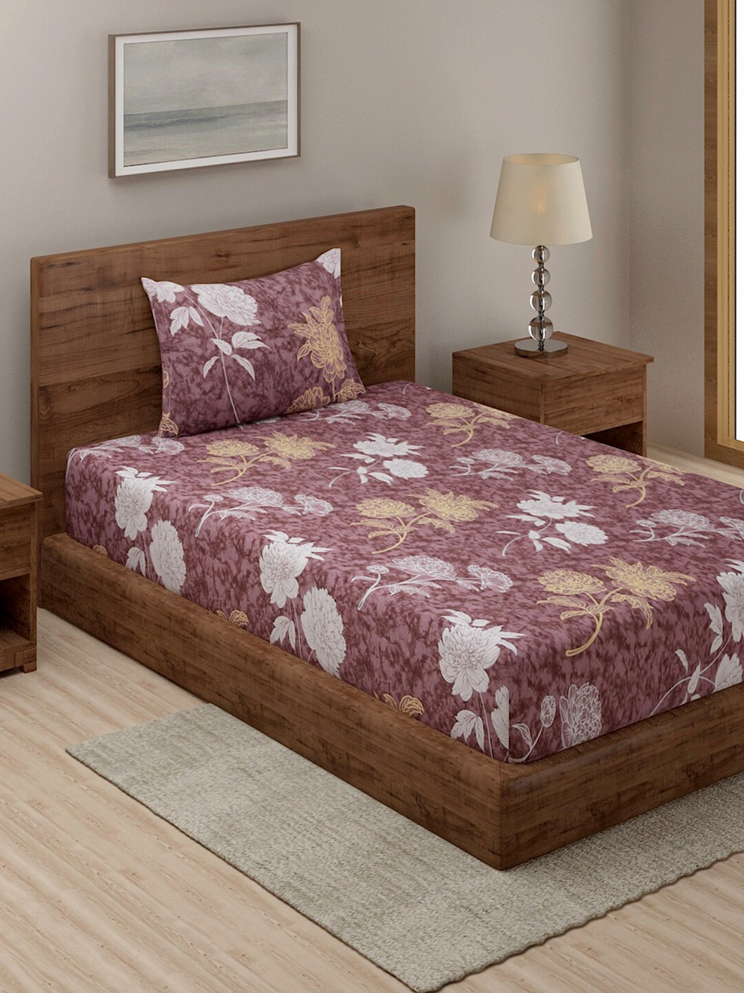 

TAG 7 Brown & Mauve Floral 210 TC Single Bedsheet with 1 Pillow Covers