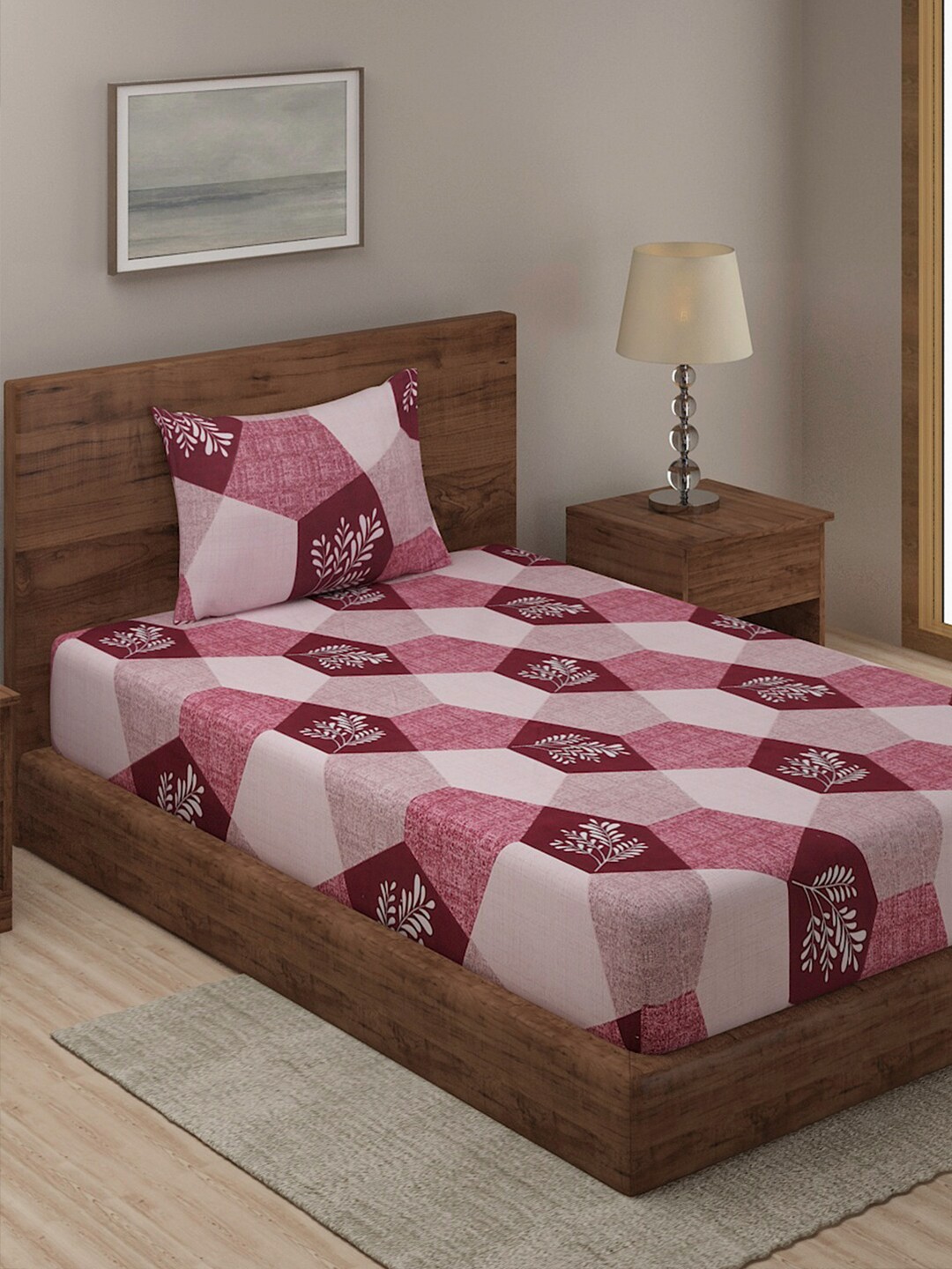 

TAG 7 Pink & Maroon Geometric Printed 210 TC Single Bedsheet with 1 Pillow Cover