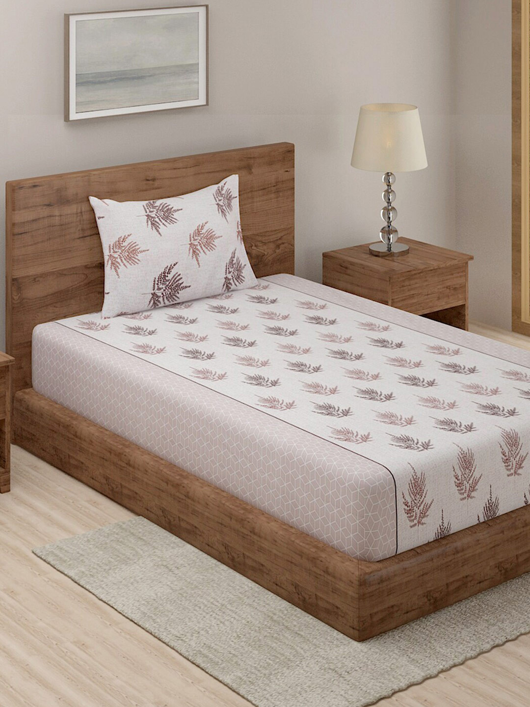 

TAG 7 White & Brown Floral 210 TC Single Bedsheet with 1 Pillow Covers