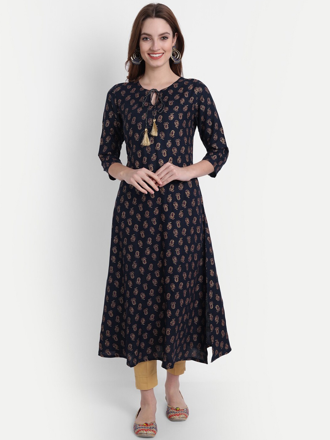 

fabGLOBAL Women Navy Blue Ethnic Motifs Printed Keyhole Neck Kurta