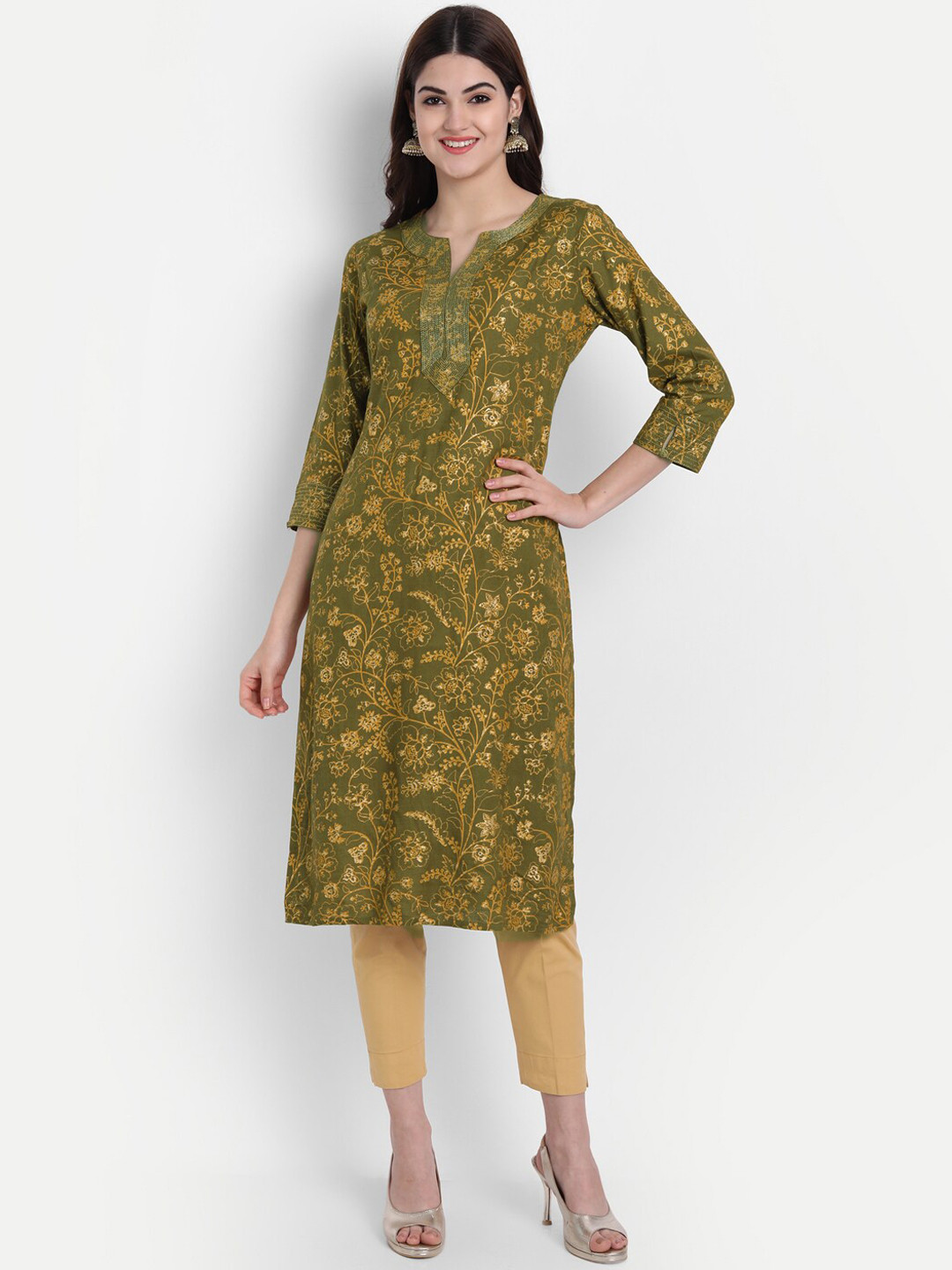 

fabGLOBAL Women Green Floral Printed Kurta