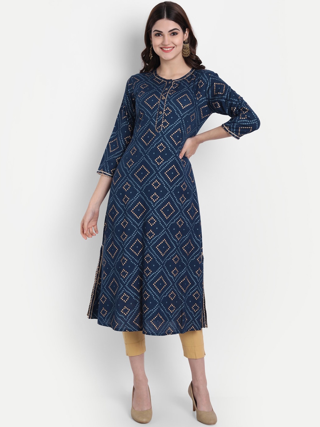 

fabGLOBAL Women Teal Green & Beige Bandhani Printed Kurta