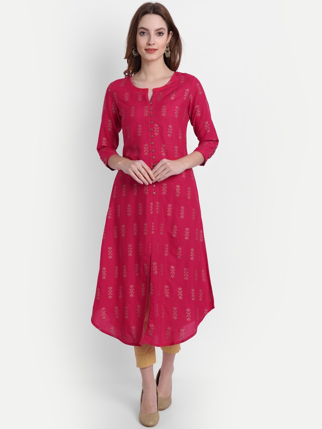 

fabGLOBAL Women Red Geometric Printed Keyhole Neck Thread Work Kurta