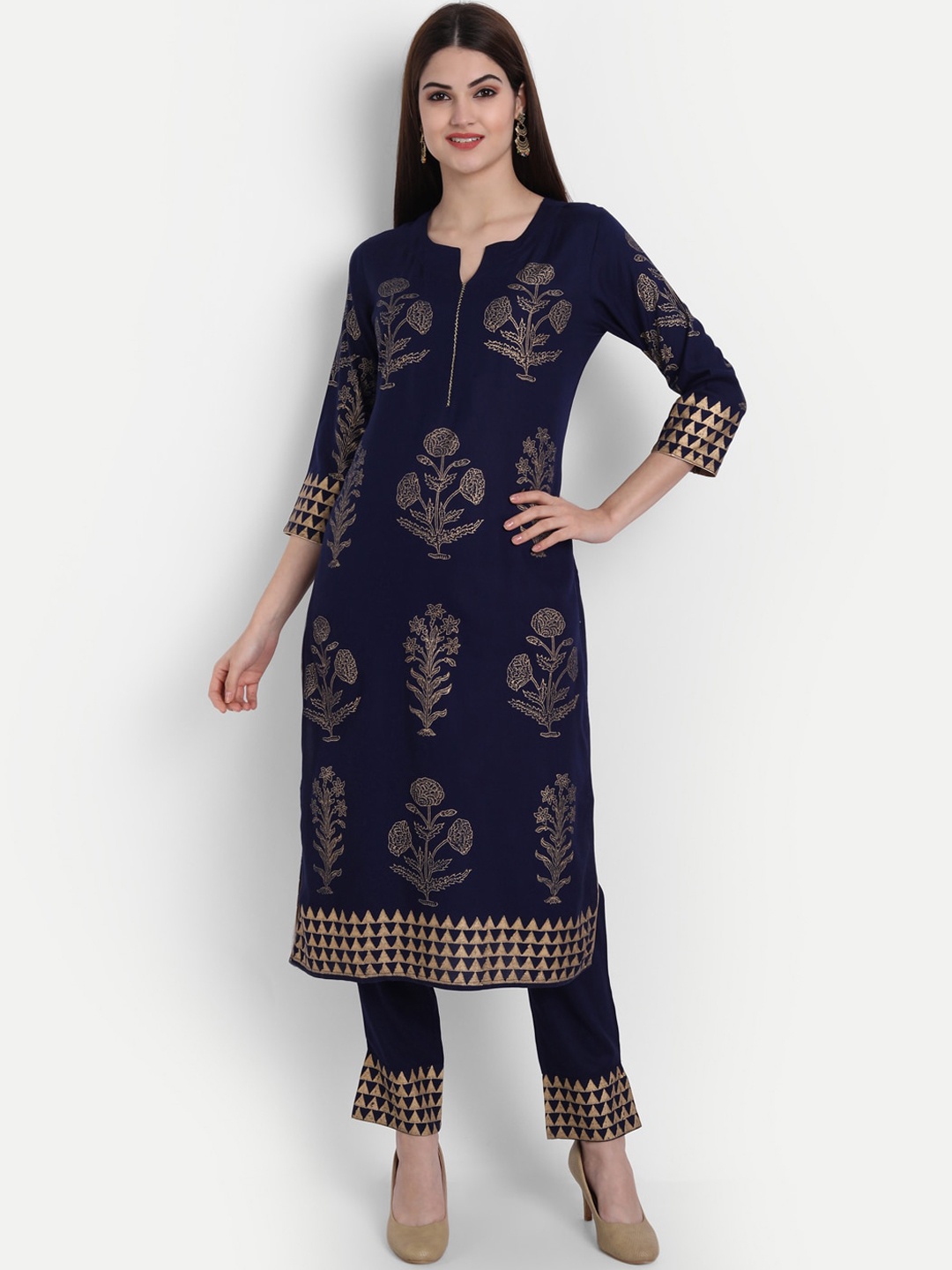 

fabGLOBAL Women Navy Blue Ethnic Motifs Printed Layered Kurta with Trousers