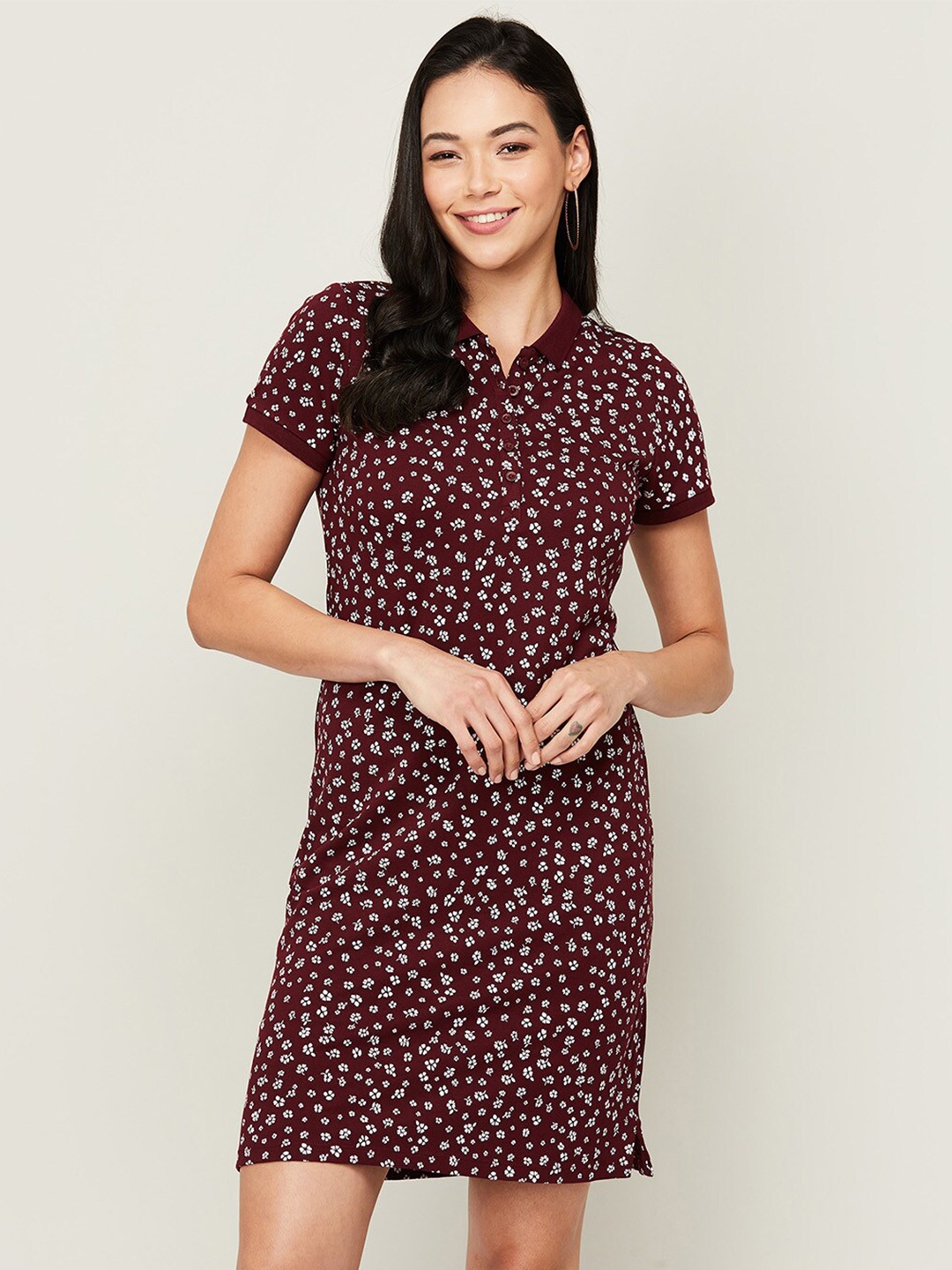 

Bossini Maroon & White Floral T-shirt Dress