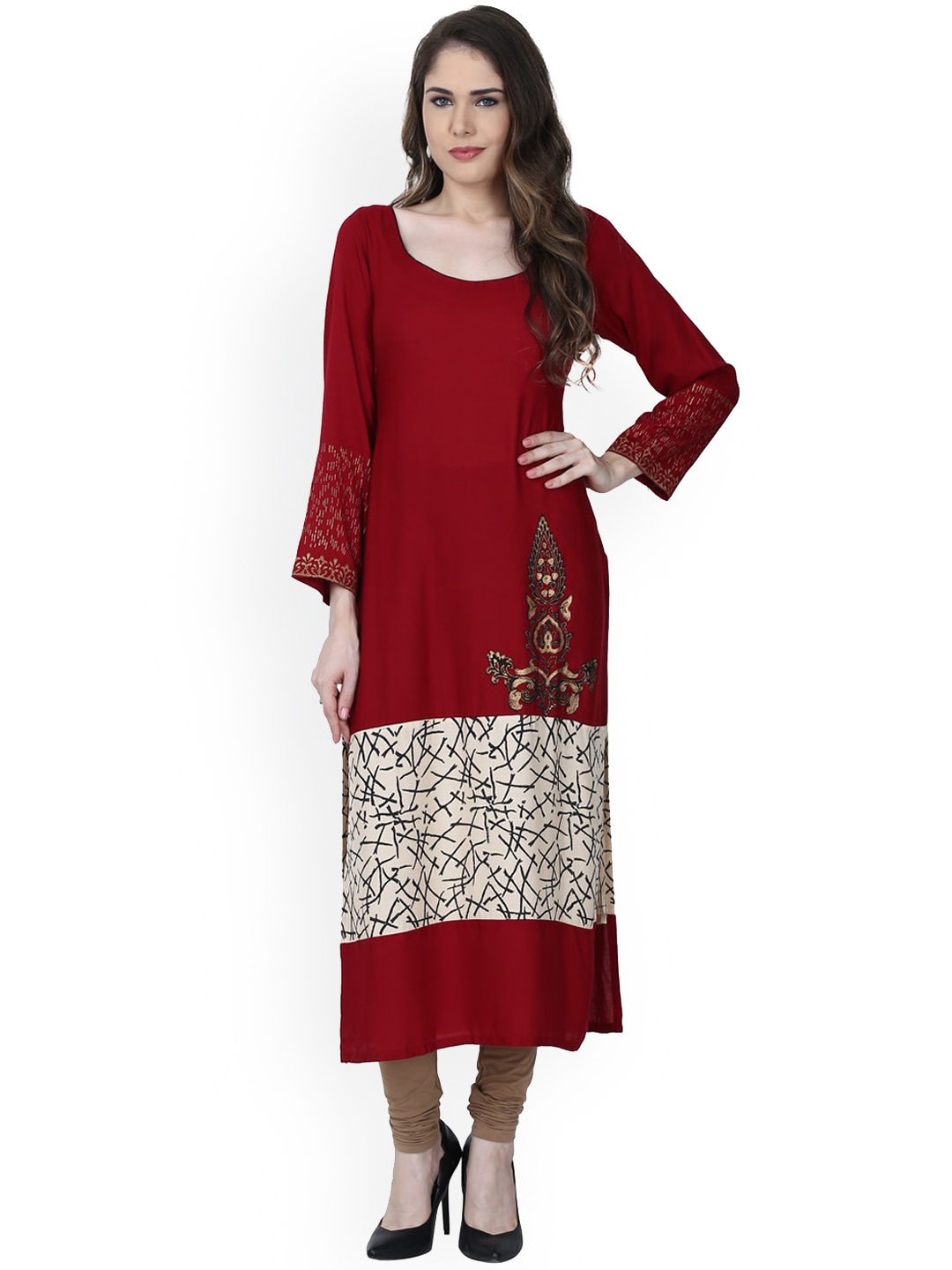 

Varkha Fashion Women Maroon Floral Colourblocked Block Print Kurta