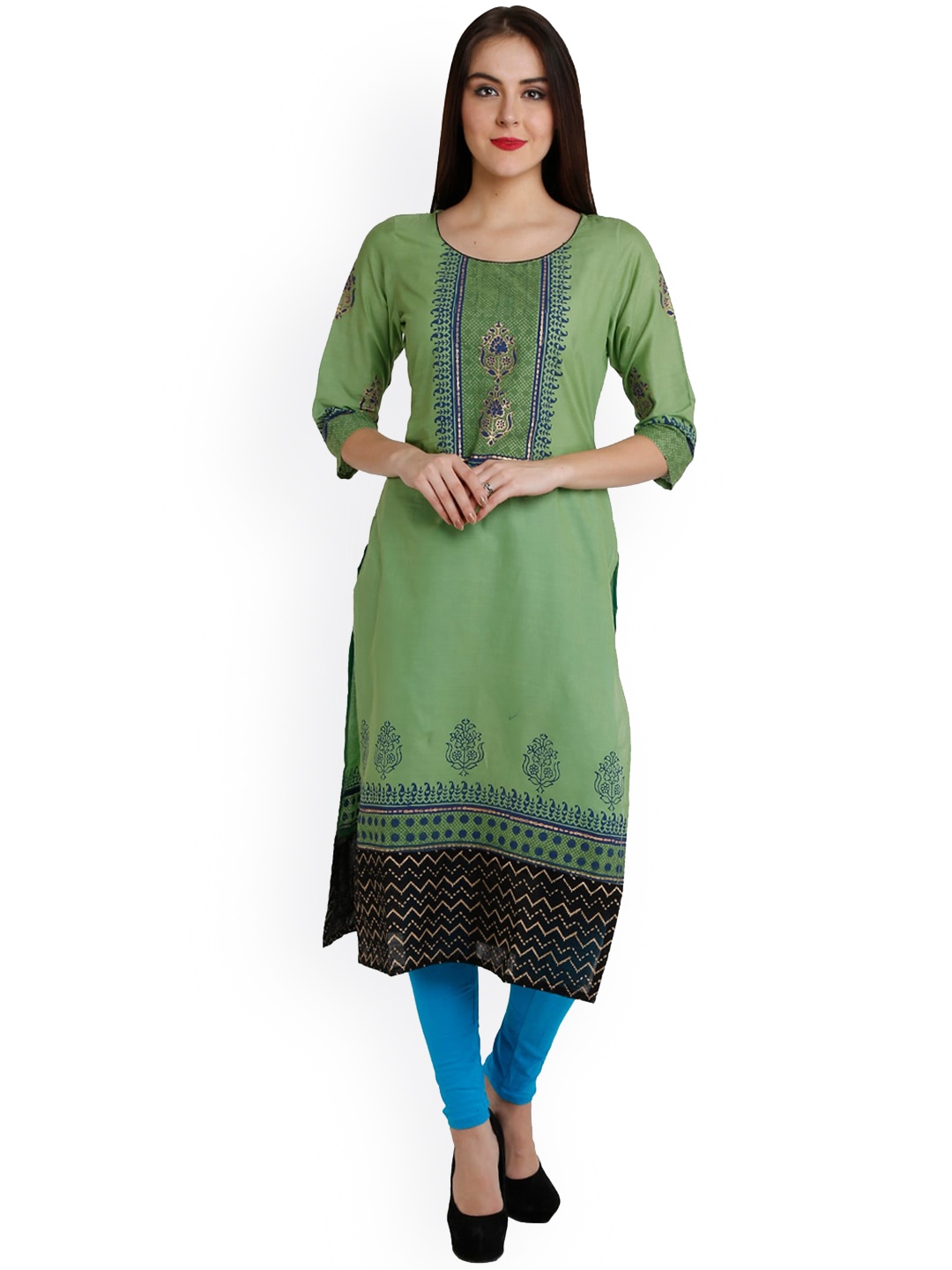 

Varkha Fashion Women Green & Blue Ethnic Motifs Printed Block Print Kurta