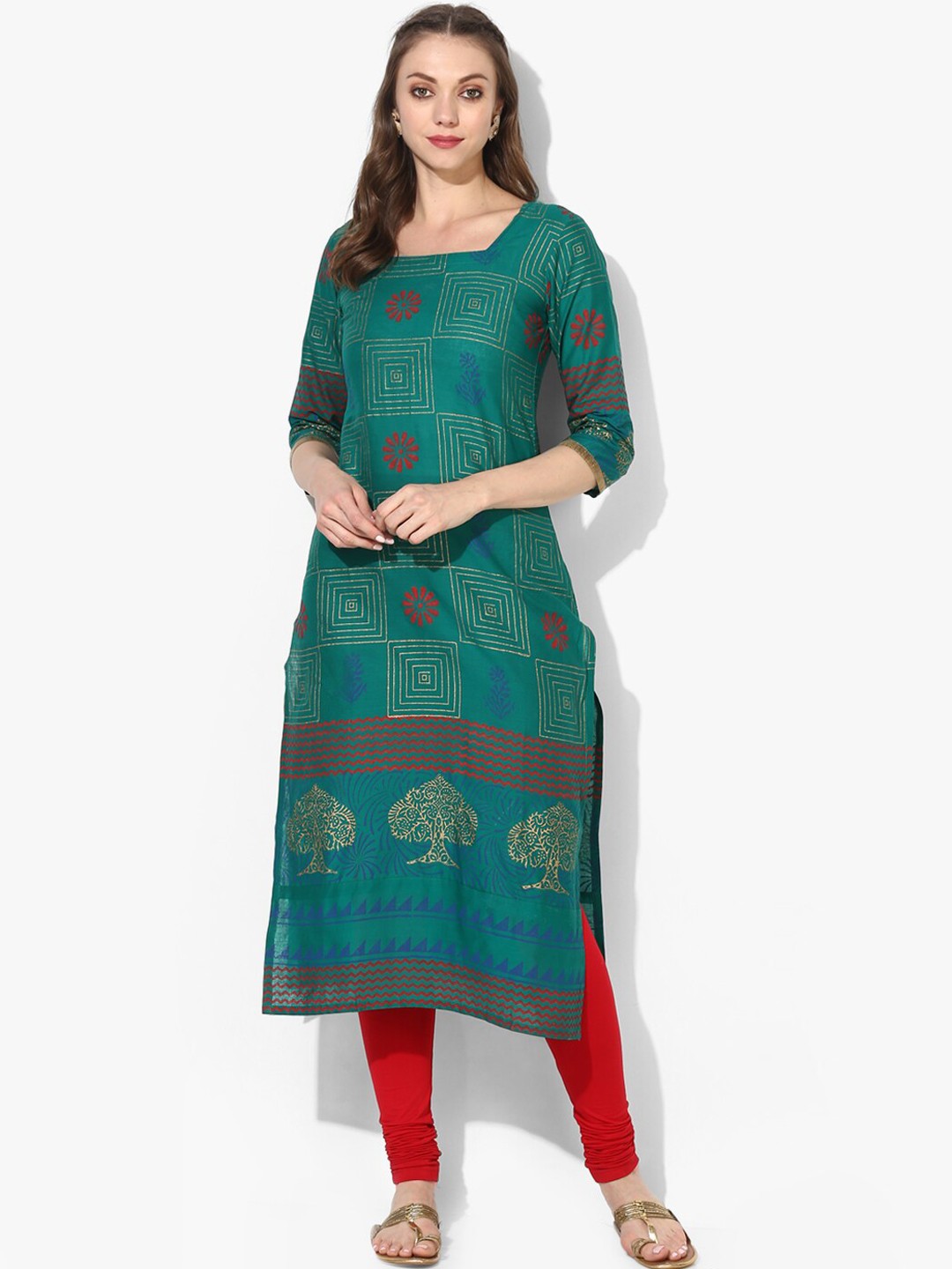 

Varkha Fashion Women Green & Gold-Toned Ethnic Motifs Printed Block Print Cotton Kurta