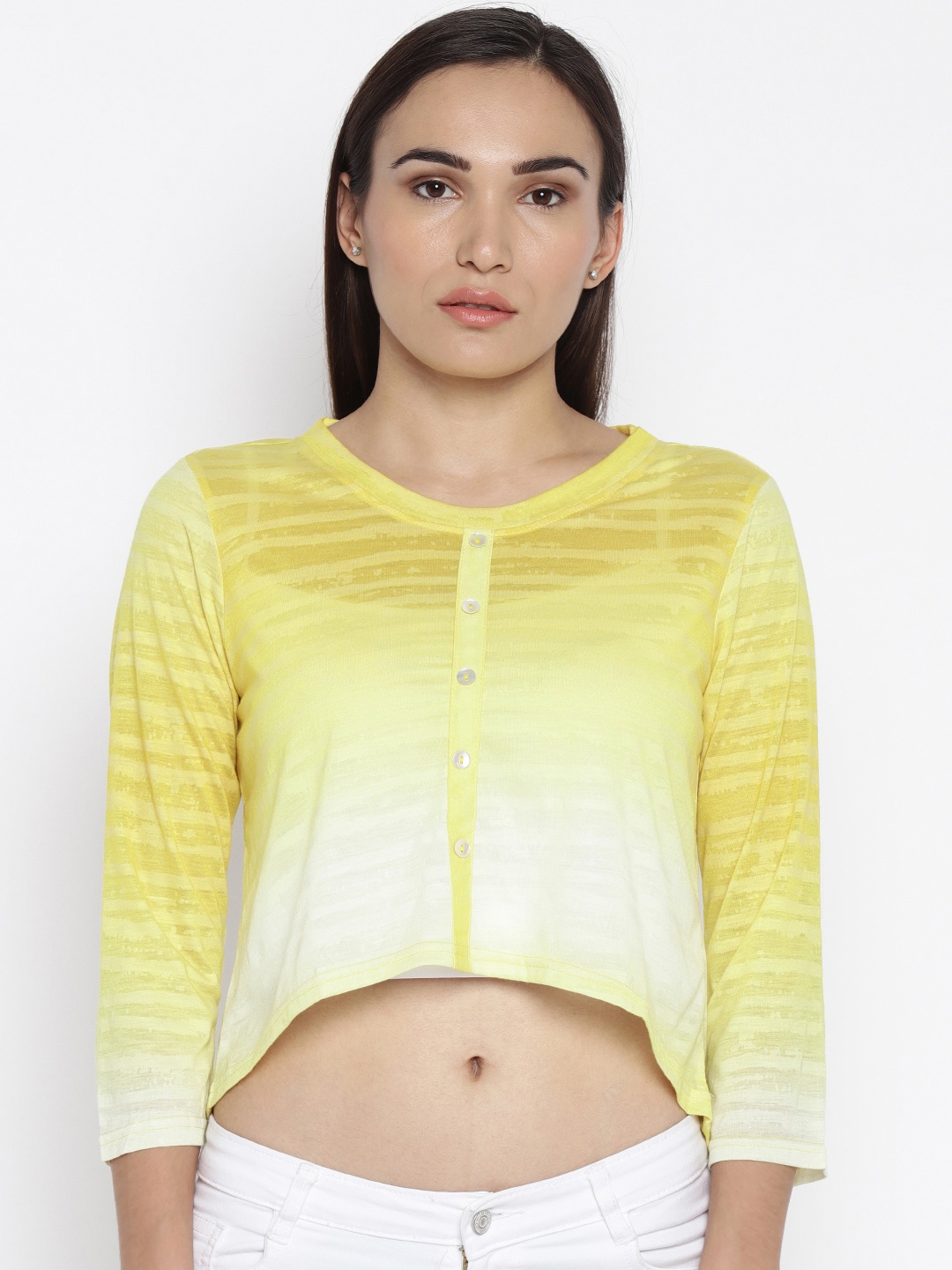 

AND Women Yellow Striped Crop Top