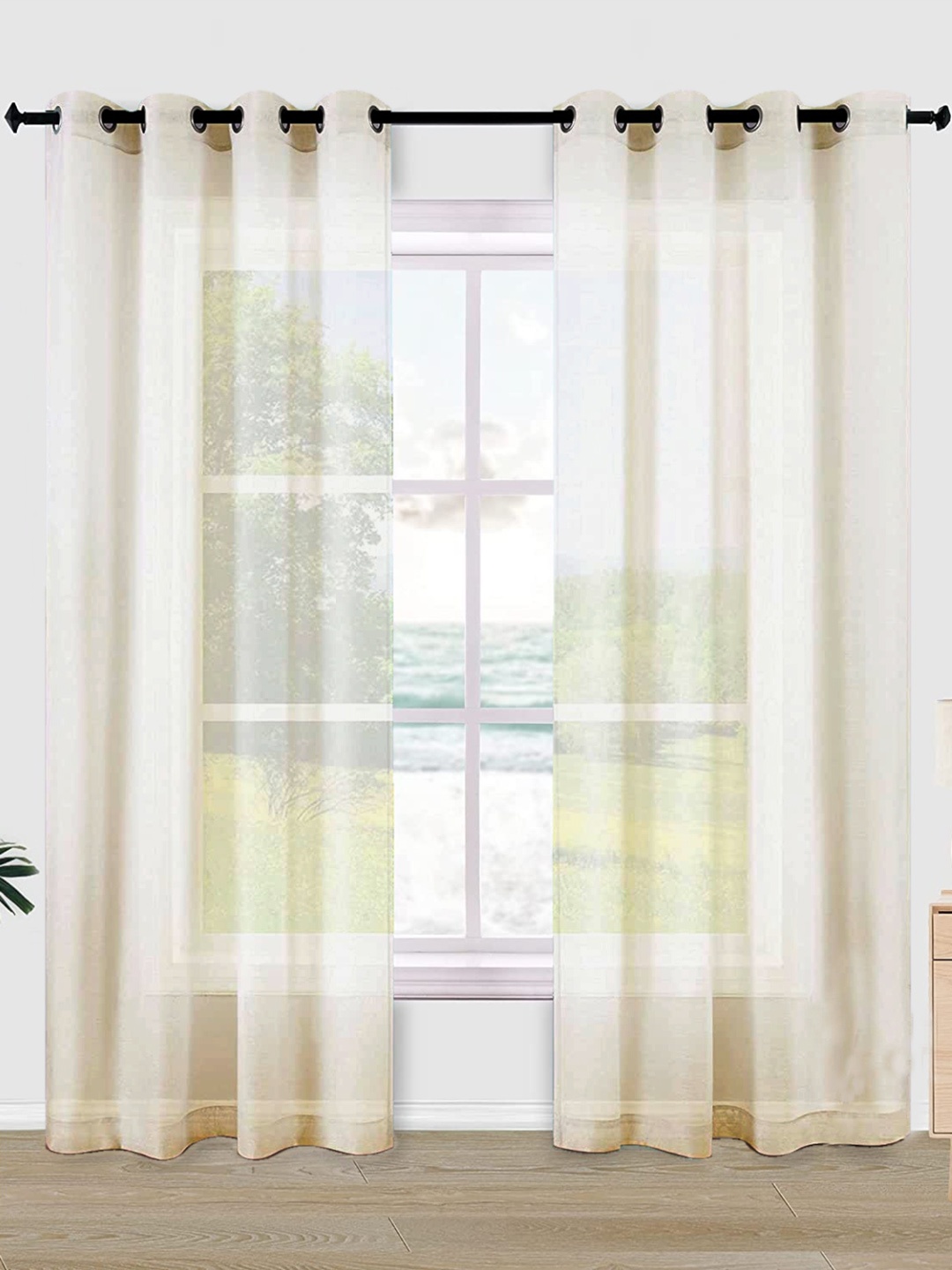 

URBAN SPACE Set Of 2 Cream-Coloured Sheer Window Curtain
