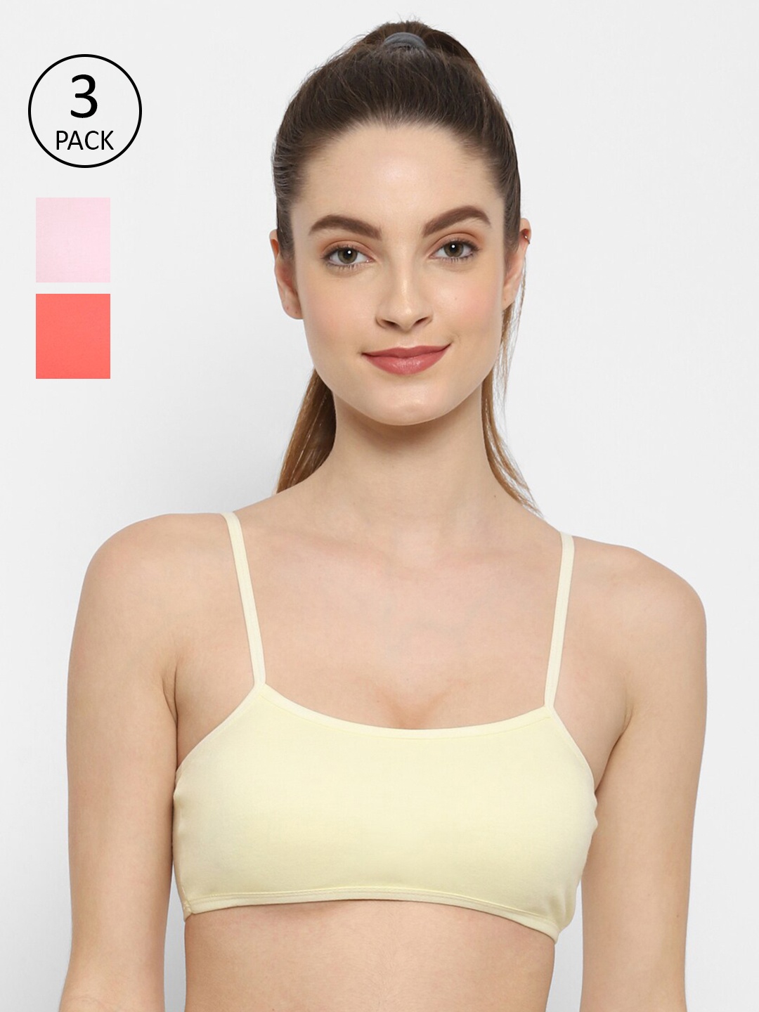 

Floret Cream-Coloured & Peach-Coloured Set Of 3 Solid Bralette Bra