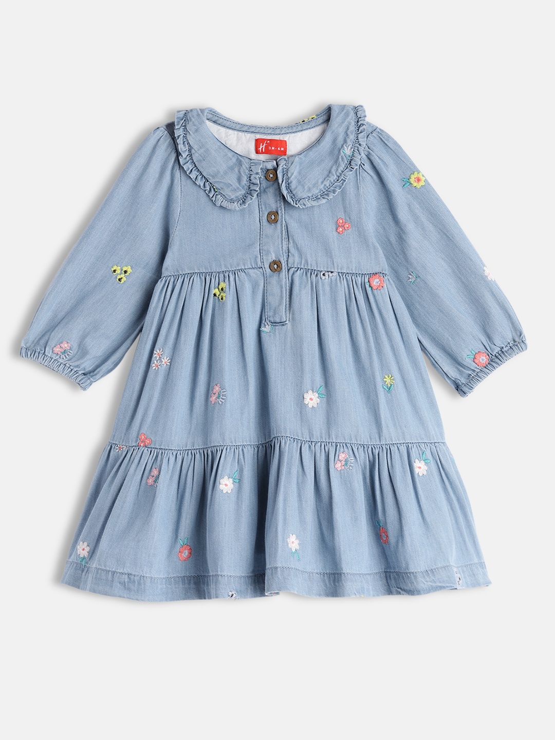 

H By Hamleys Girls Blue Floral Embroidered Peter Pan Collar Pleated Cotton A-Line Dress