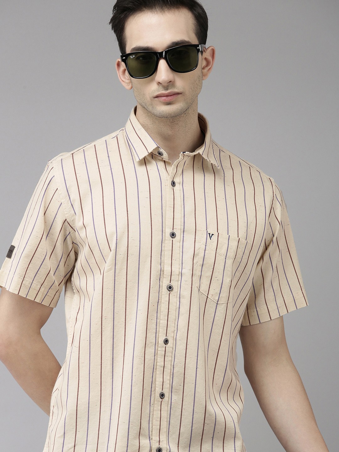 

VAN HEUSEN DENIM LABS Men Beige & Brown Slim Fit Striped Casual Shirt