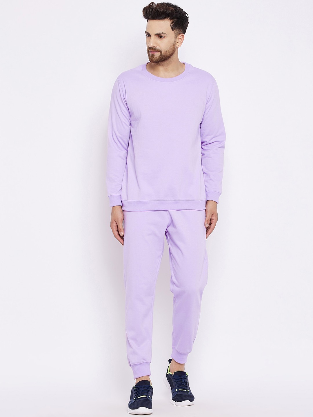 

FRENCH FLEXIOUS Men Lavender-Coloured Solid Fleece Track Suit
