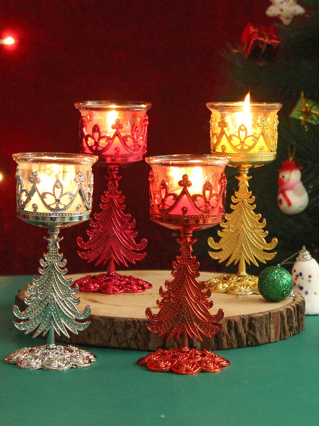 

TIED RIBBONS Set Of 4 Christmas Decoration Tealight Candle Holder With Stand, Yellow