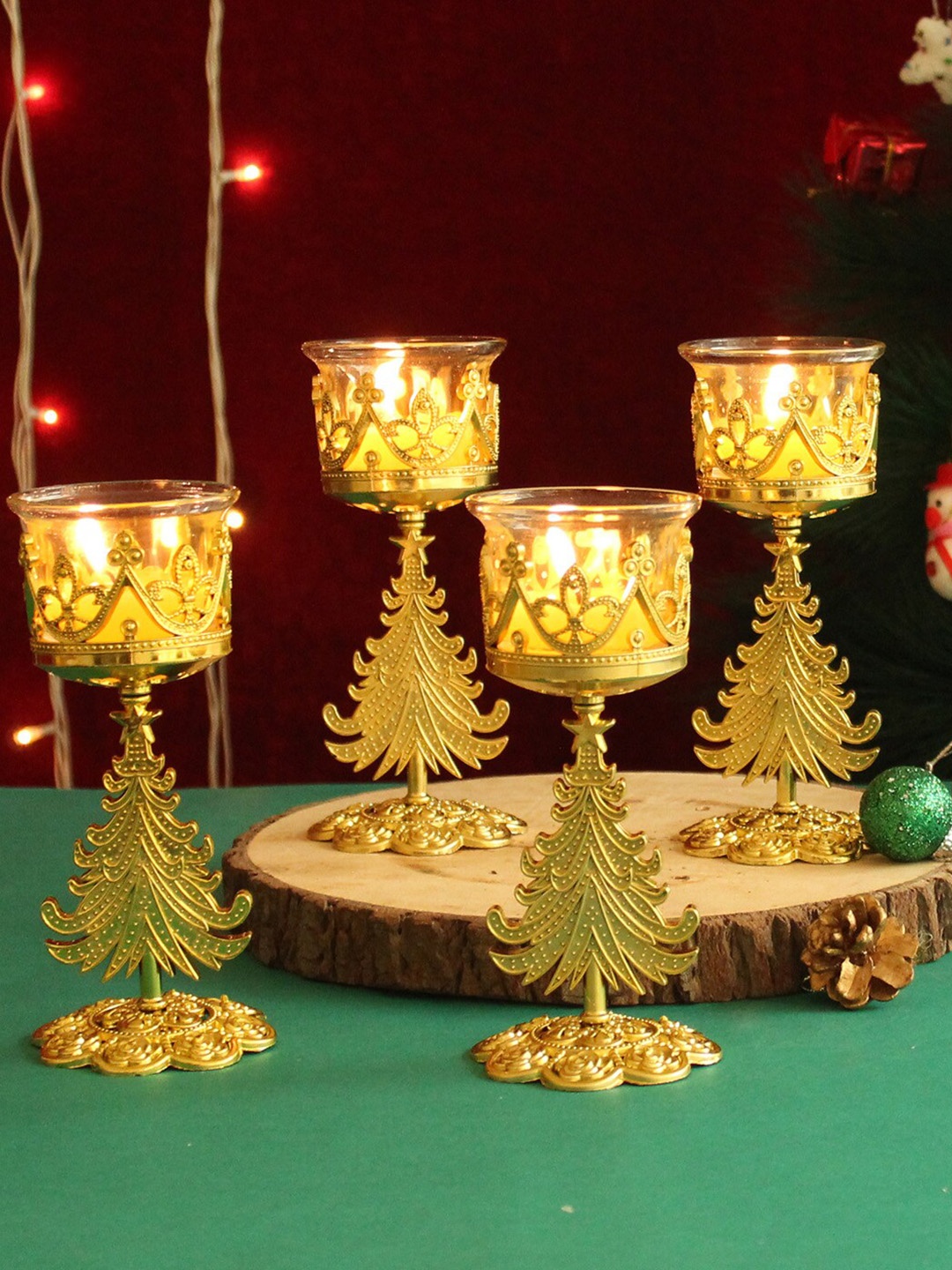 

TIED RIBBONS Set Of 4 Gold-Toned Christmas Decoration Tealight Candle Holders With Stand