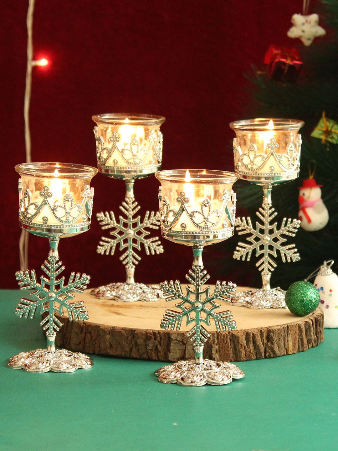 

TIED RIBBONS Set of 4 Silver Christmas Decoration Tealight Candle Holder with Stand