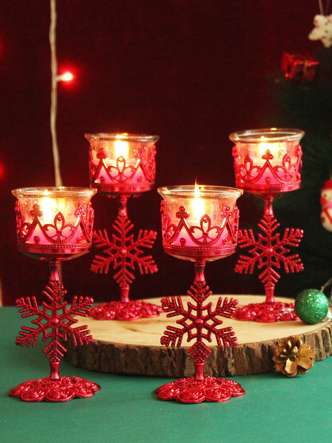 

TIED RIBBONS Set of 4 Transparent & Red Christmas Tealight Candle Holder with Stand