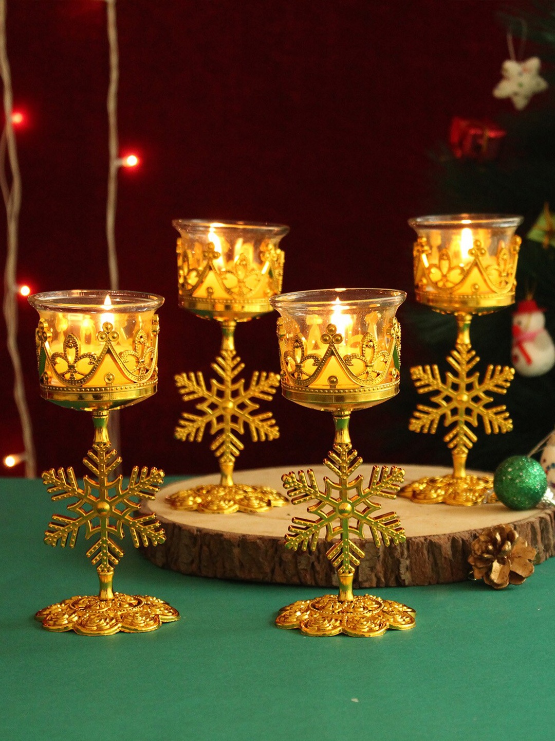 

TIED RIBBONS Set Of 4 Gold-Toned Christmas Christmas Tealight Candle Holder With Stand