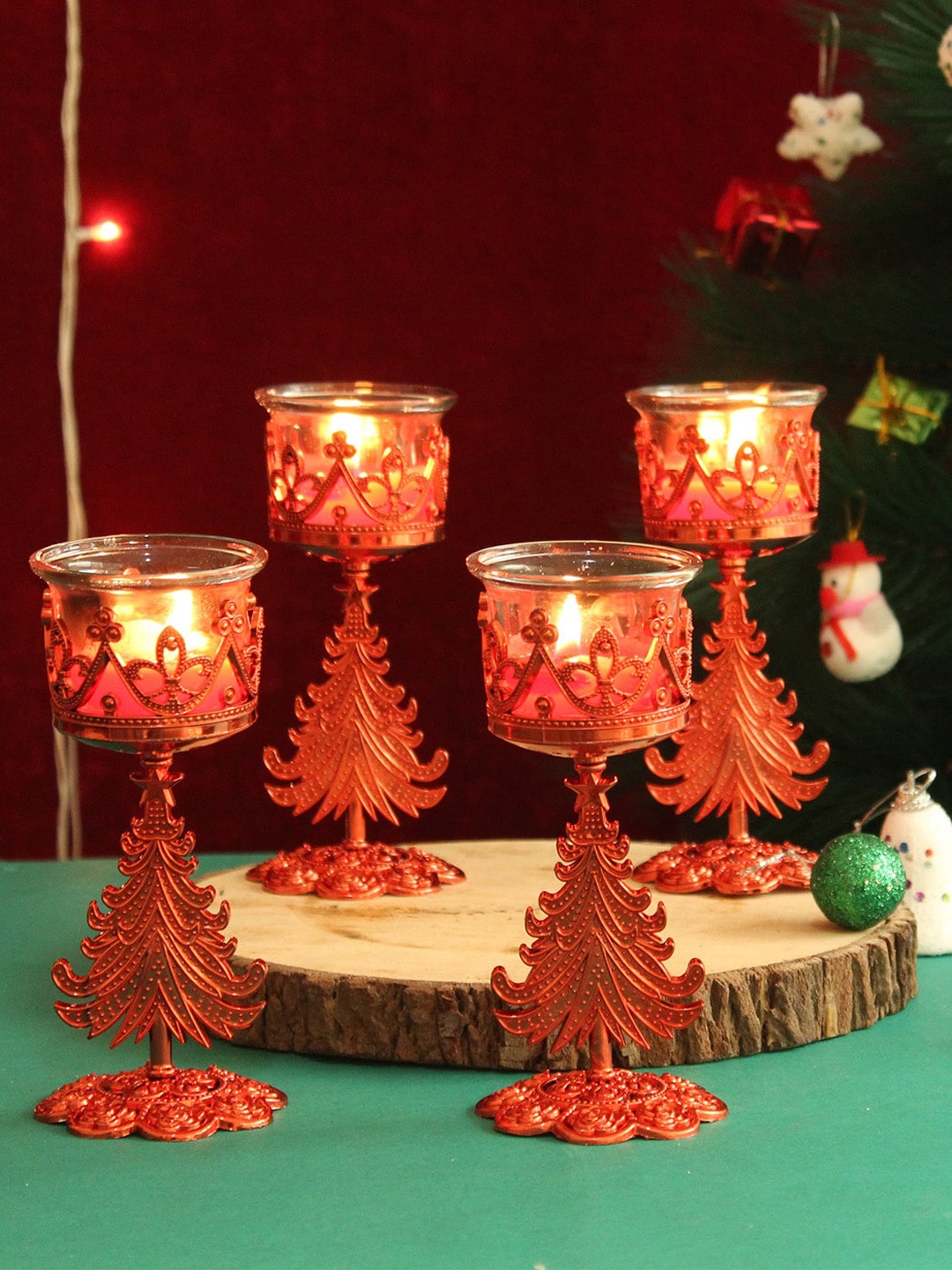 

TIED RIBBONS Set Of 4 Red Christmas Decoration Tealight Candle Holders With Stand