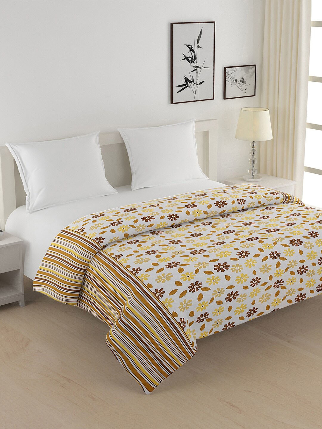 

SWAYAM Yellow & Brown Floral Cotton Heavy Winter 350 GSM Double Bed Quilt