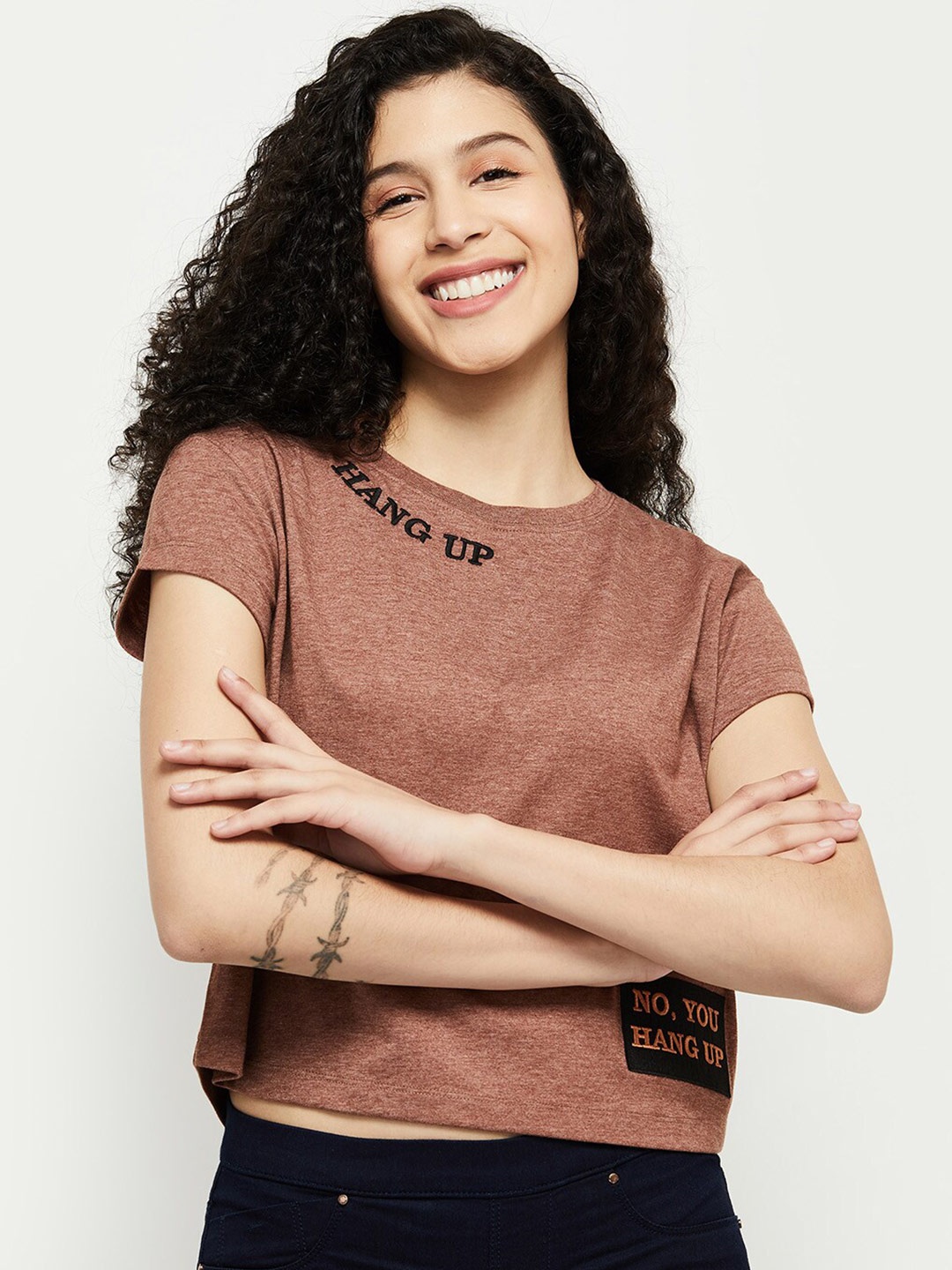 

max Women Brown Typography Printed T-shirt