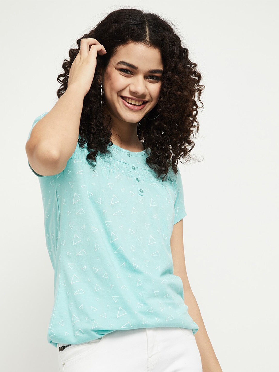 

max Women Blue Striped Henley Neck Pure Cotton T-shirt