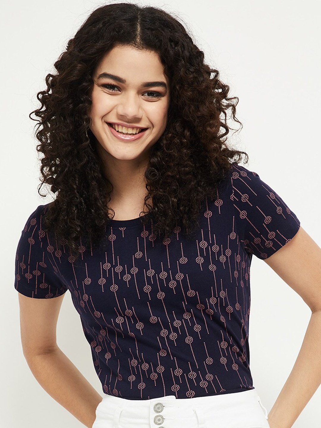 

max Women Navy Blue Printed Pure Cotton T-shirt