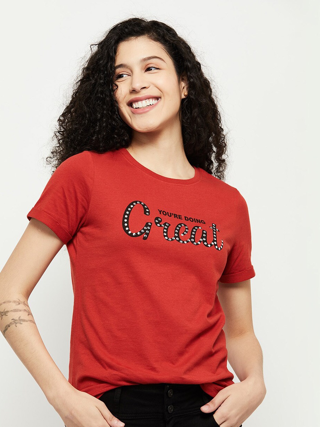max Women Red Typography Printed Cotton T-shirt