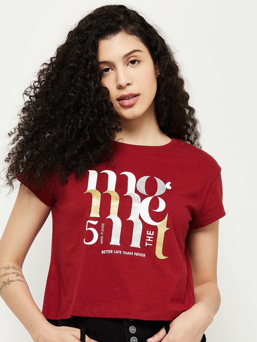 

max Women Red & Off White Typography Printed T-shirt