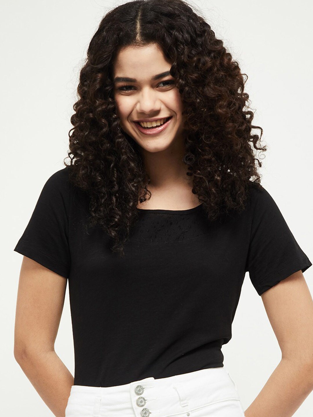 

max Women Black Pure Cotton T-shirt