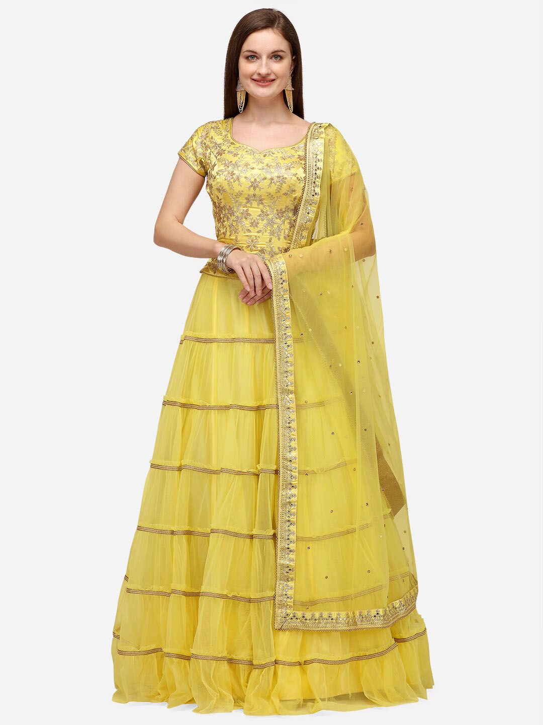 

NAKKASHI Yellow Embellished Semi-Stitched Lehenga & Unstitched Blouse With Dupatta