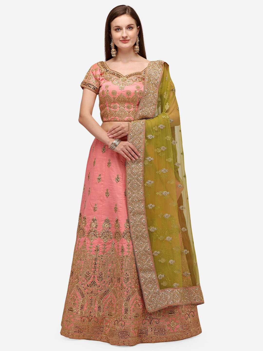 

NAKKASHI Women Pink & Green Ethnic Embroidered Semi-Stitched Lehenga & Blouse with Dupatta