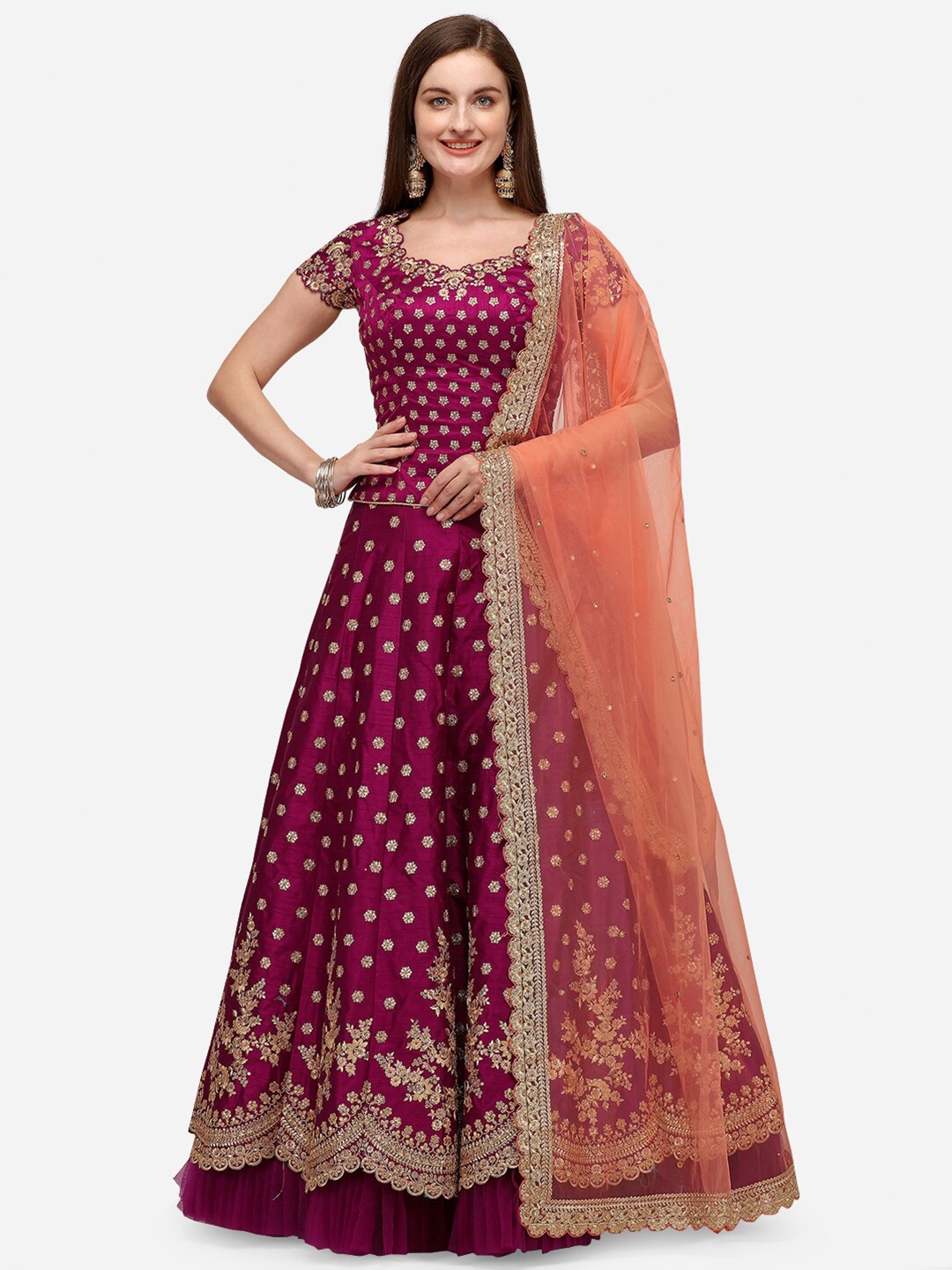 

NAKKASHI Purple & Peach-Coloured Embroidered Semi-Stitched Lehenga & Unstitched Blouse With Dupatta
