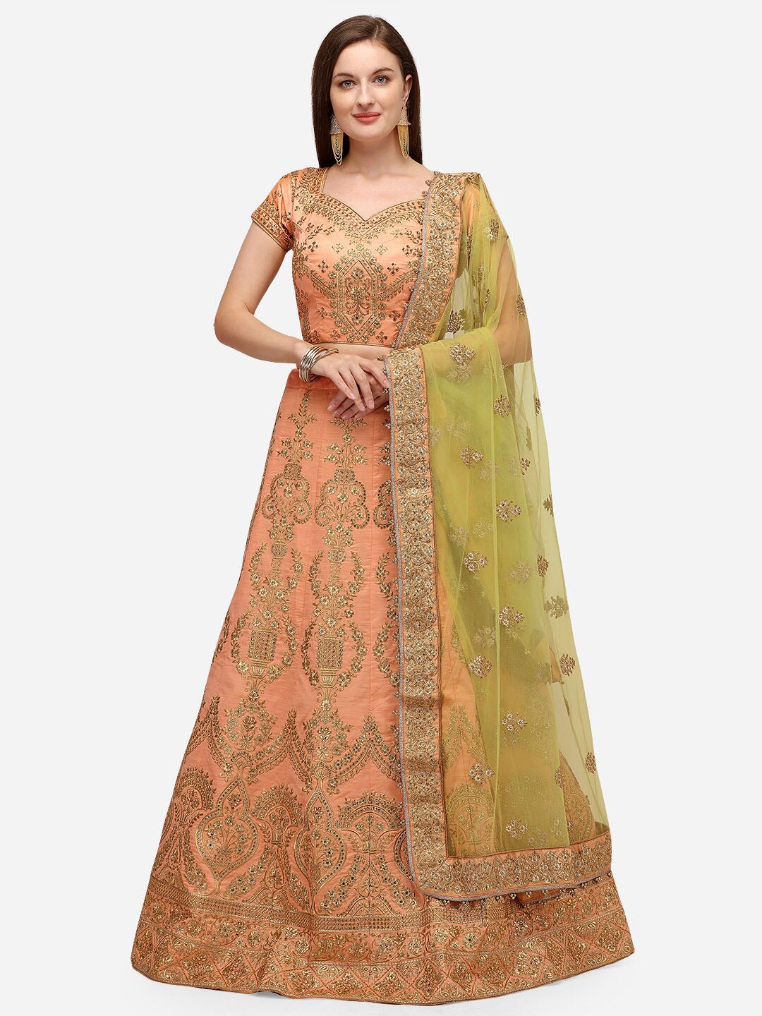 

NAKKASHI Peach-Coloured & Green Embroidered Semi-Stitched Lehenga & Unstitched Blouse With Dupatta
