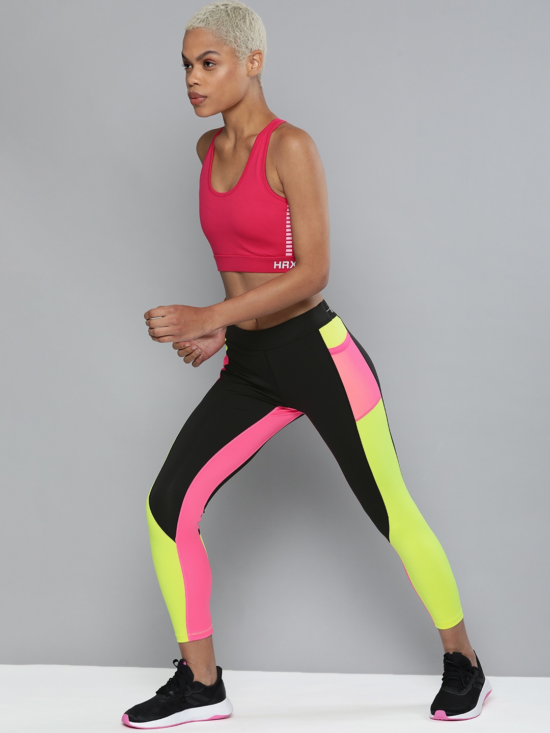 

HRX by Hrithik Roshan Running Women Jet Black Rapid-Dry Colourblock Tights
