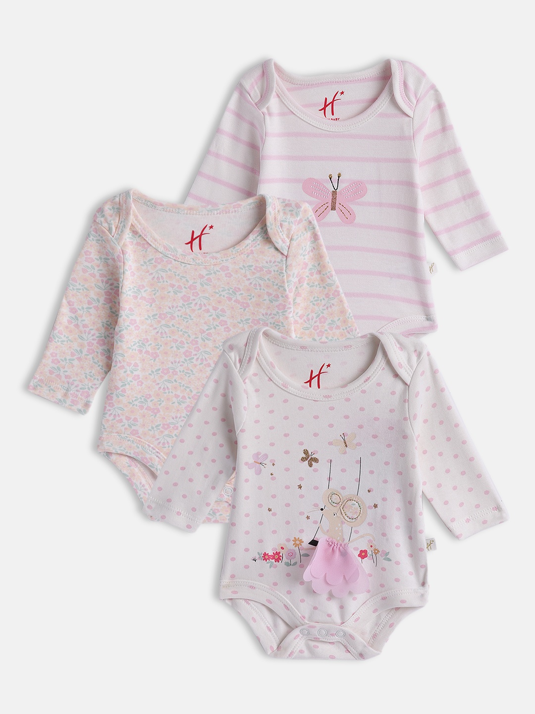 

H By Hamleys Infant Girls Pack Of 3 Printed Pure Cotton Bodysuits, Multi