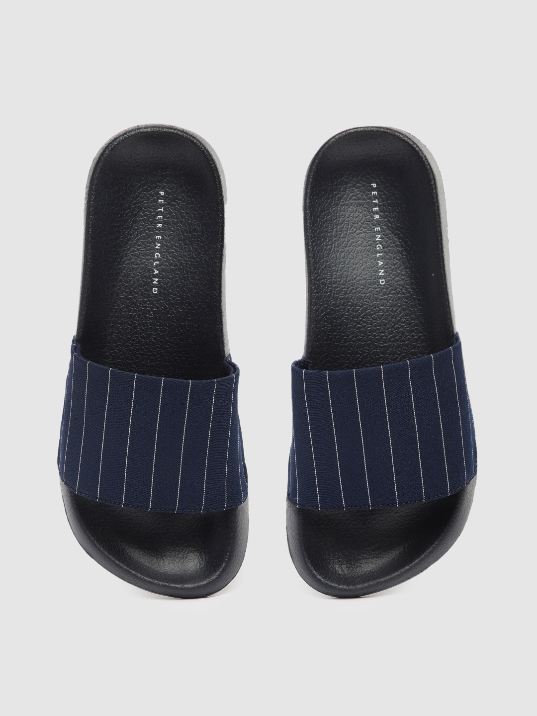 

Peter England Men Navy Blue & White Striped Sliders