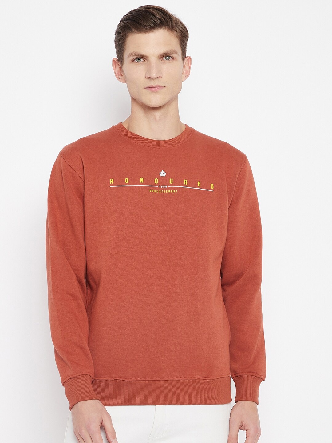 

Duke Men Rust Red Printed Sweatshirt