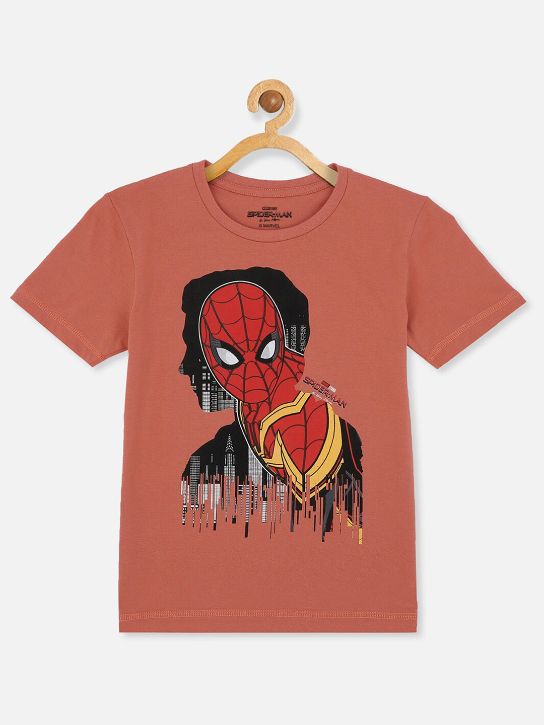 

Kids Ville Boys Peach-Coloured Pure Cotton Spiderman Printed T-shirt