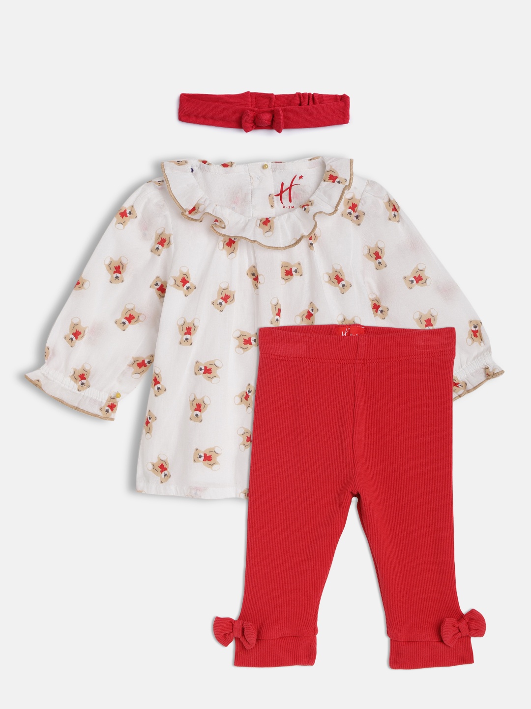 

H By Hamleys Girls Red & White Printed Top with Trousers & Belt