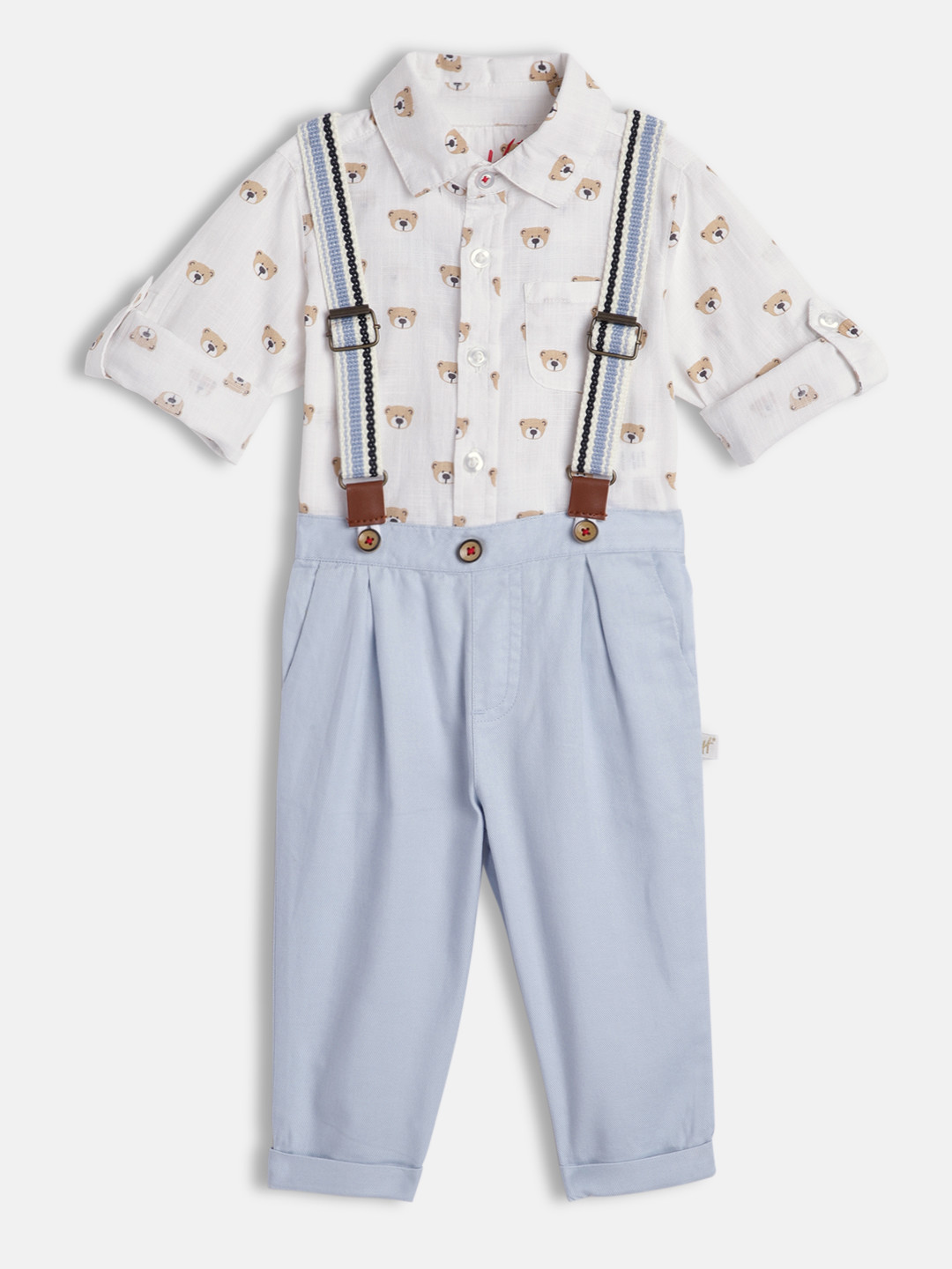 

H By Hamleys Boys Pure Cotton White Printed Shirt & Blue Trousers with Suspenders