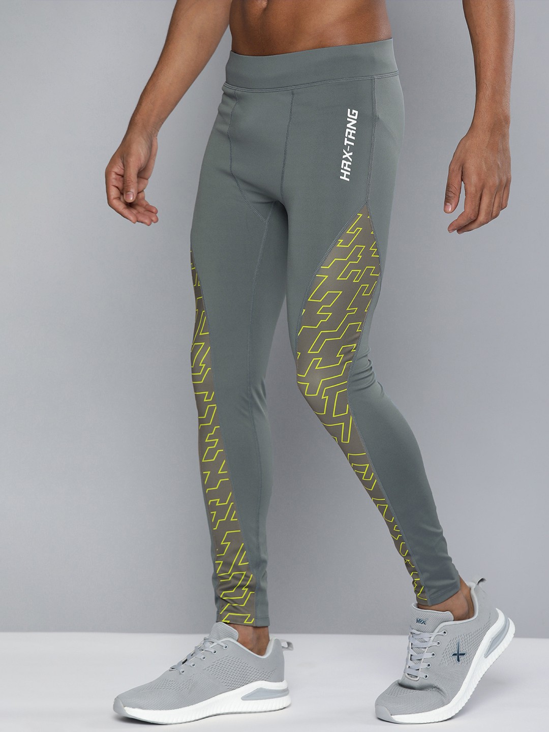 

HRX By Hrithik Roshan Training Men Pewter Rapid-Dry Geometric Tights, Grey