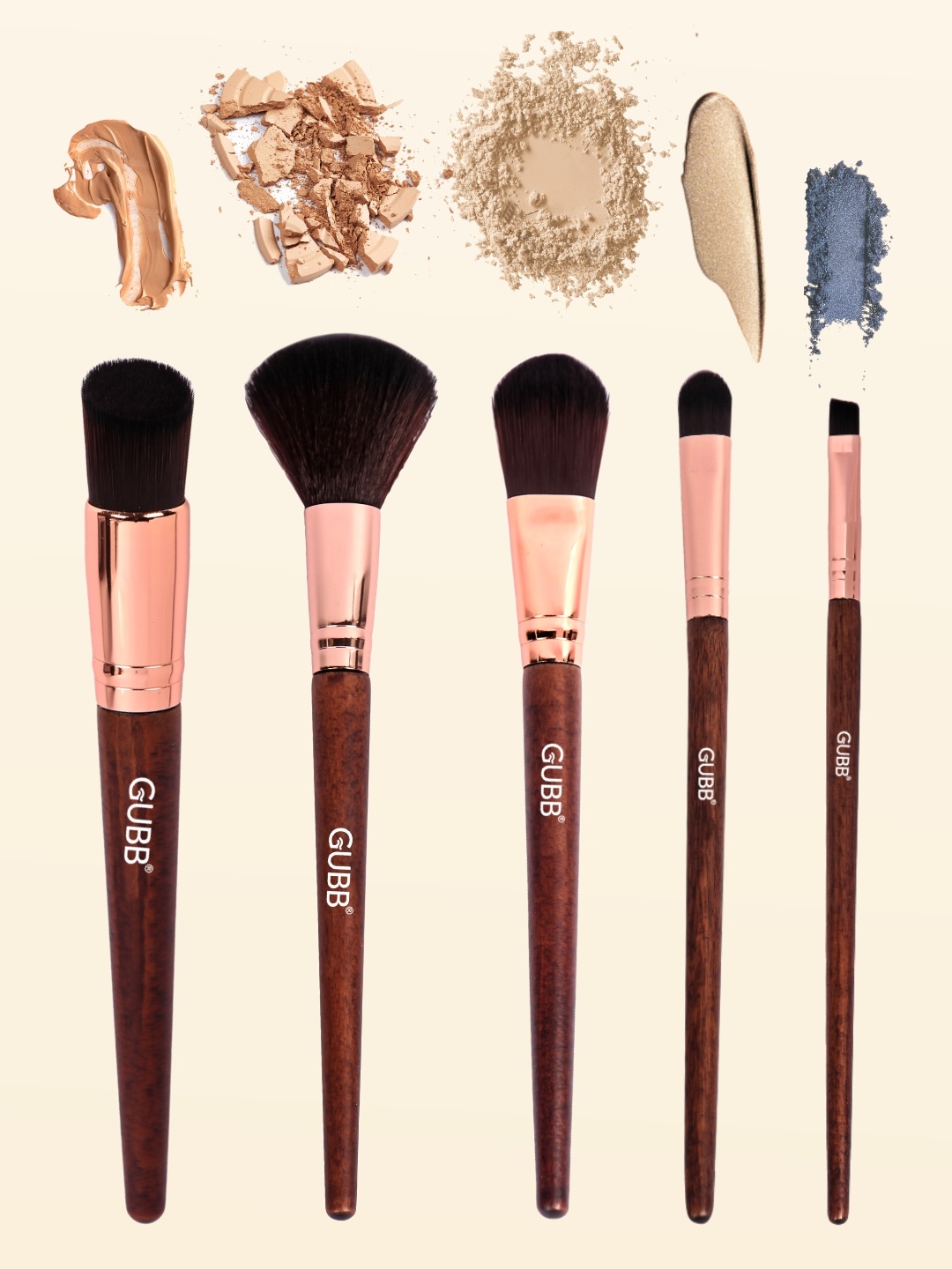 

GUBB Set of 5 Face Makeup Buffer, Foundation, Powder, Eyeliner & Eyeshadow Brush, Brown