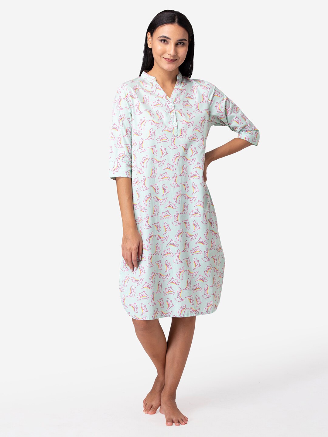 

Fluffalump Green Printed Pure Cotton Nightdress