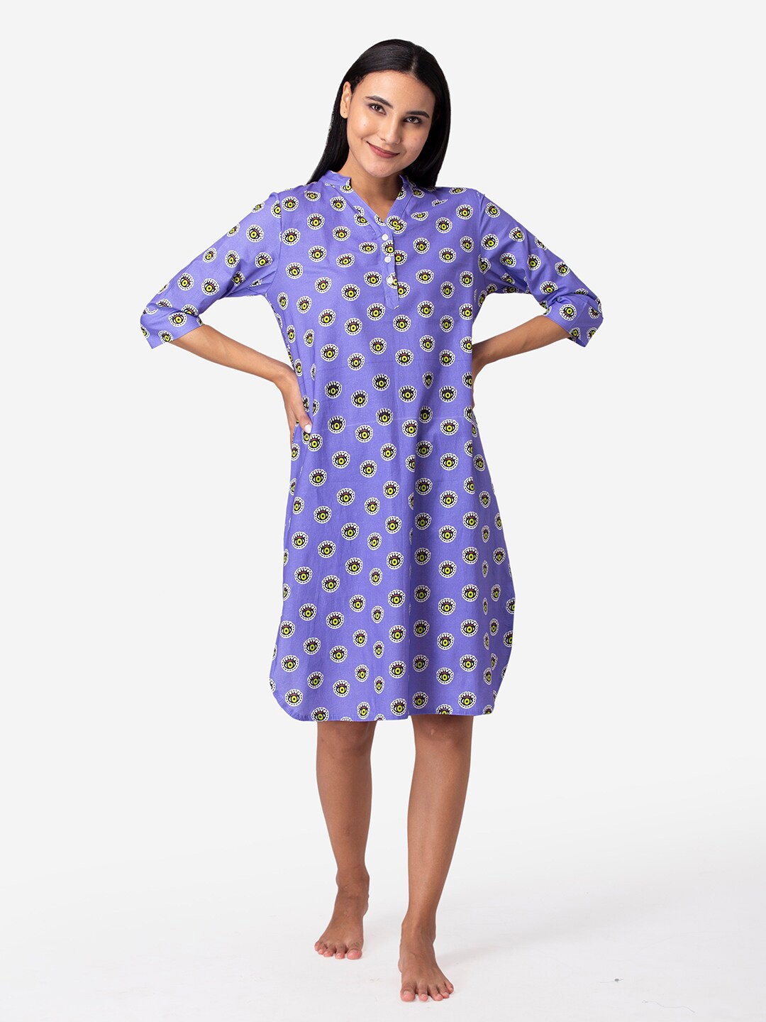 

Fluffalump Purple & White Conversational Printed Pure Cotton Shirt Nightdress